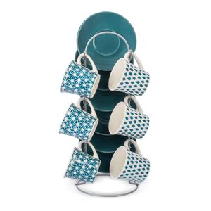 BIEN SERVI 13-Piece Coffee Cup and Saucer Set with Stand White and Blue